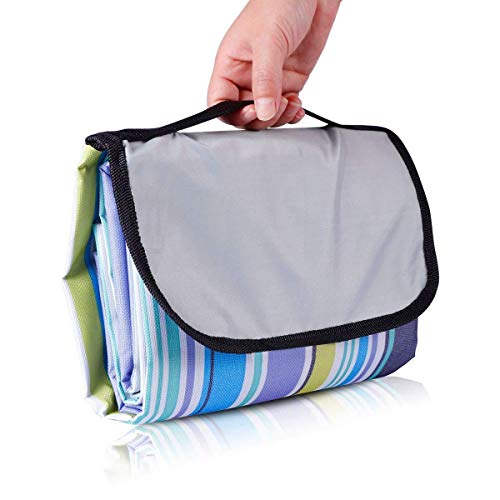 PACKNBUY Foldable Picnic Mat for Outdoor Sitting Waterproof Sandproof Beach Travel Camping Blanket Large Portable Ground Mat Rug for Park Family Outing Trekking Hiking (Blue Stripe) - Image 1
