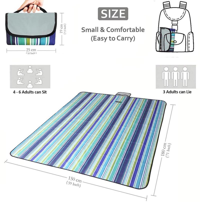 PACKNBUY Foldable Picnic Mat for Outdoor Sitting Waterproof Sandproof Beach Travel Camping Blanket Large Portable Ground Mat Rug for Park Family Outing Trekking Hiking (Blue Stripe) - Image 2