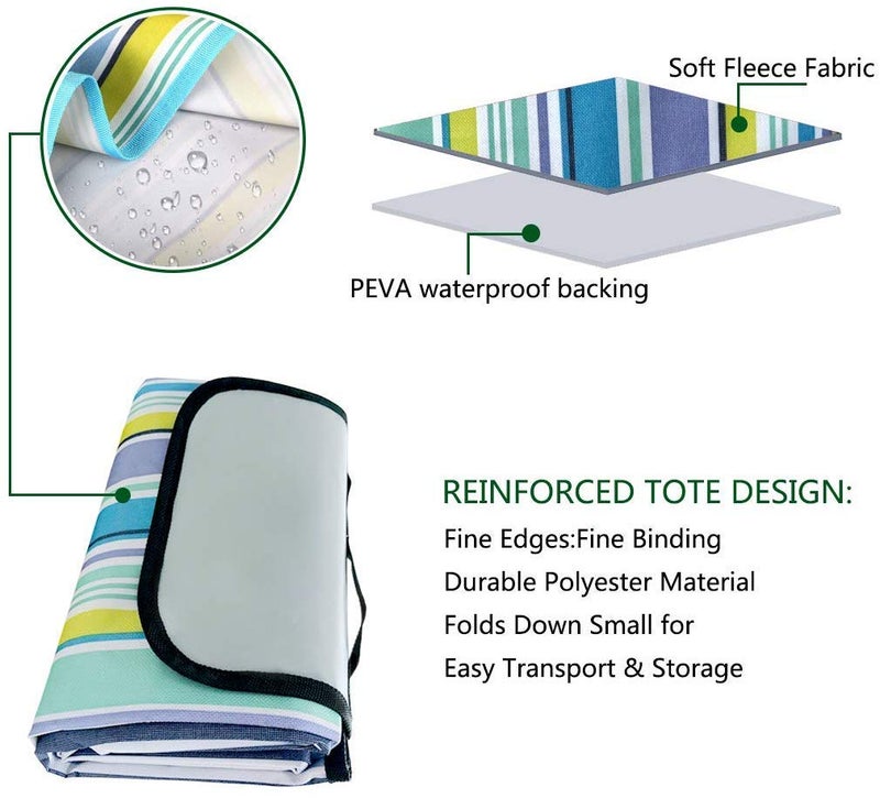 PACKNBUY Foldable Picnic Mat for Outdoor Sitting Waterproof Sandproof Beach Travel Camping Blanket Large Portable Ground Mat Rug for Park Family Outing Trekking Hiking (Blue Stripe) - Image 4
