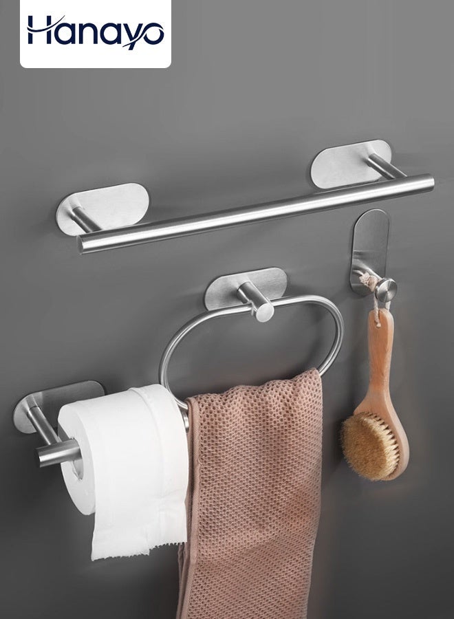 Hanayo 4 Pcs Bathroom Towel Rack Hardware Stainless Steel Wall Mounted Towel Bar Set Including Towel Bar Adhesive Toilet Paper Holder Towel Ring Hooks for Bathroom(Silver) - Image 1