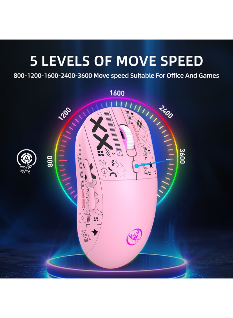 HXSJ T90 Wireless Gaming Mouse – Tri-Mode (Wired, 2.4GHz, BT5.3) – 3600 DPI Adjustable – 650mAh Rechargeable Battery – RGB Lighting (6 Modes) – Ultra-Light – Silent Switches – Type-C Fast Charging – PC, Laptop Compatible  (Pink) - Image 4