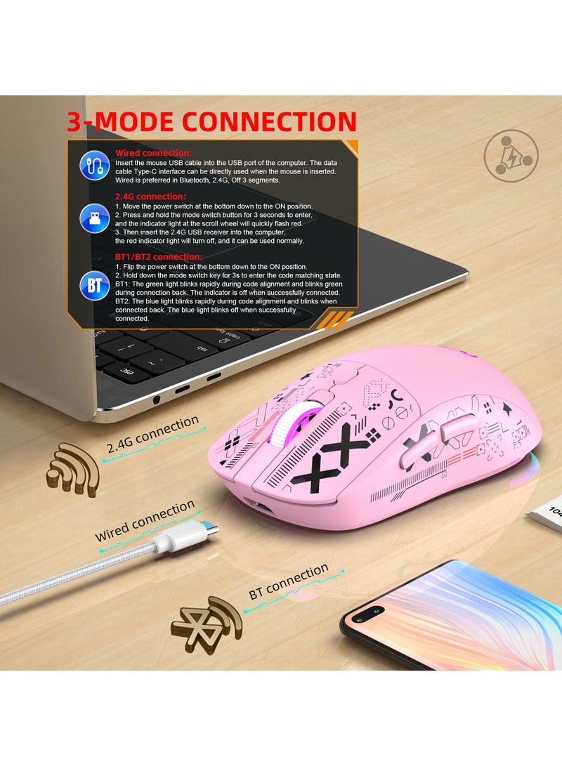 HXSJ T90 Wireless Gaming Mouse – Tri-Mode (Wired, 2.4GHz, BT5.3) – 3600 DPI Adjustable – 650mAh Rechargeable Battery – RGB Lighting (6 Modes) – Ultra-Light – Silent Switches – Type-C Fast Charging – PC, Laptop Compatible  (Pink) - Image 2