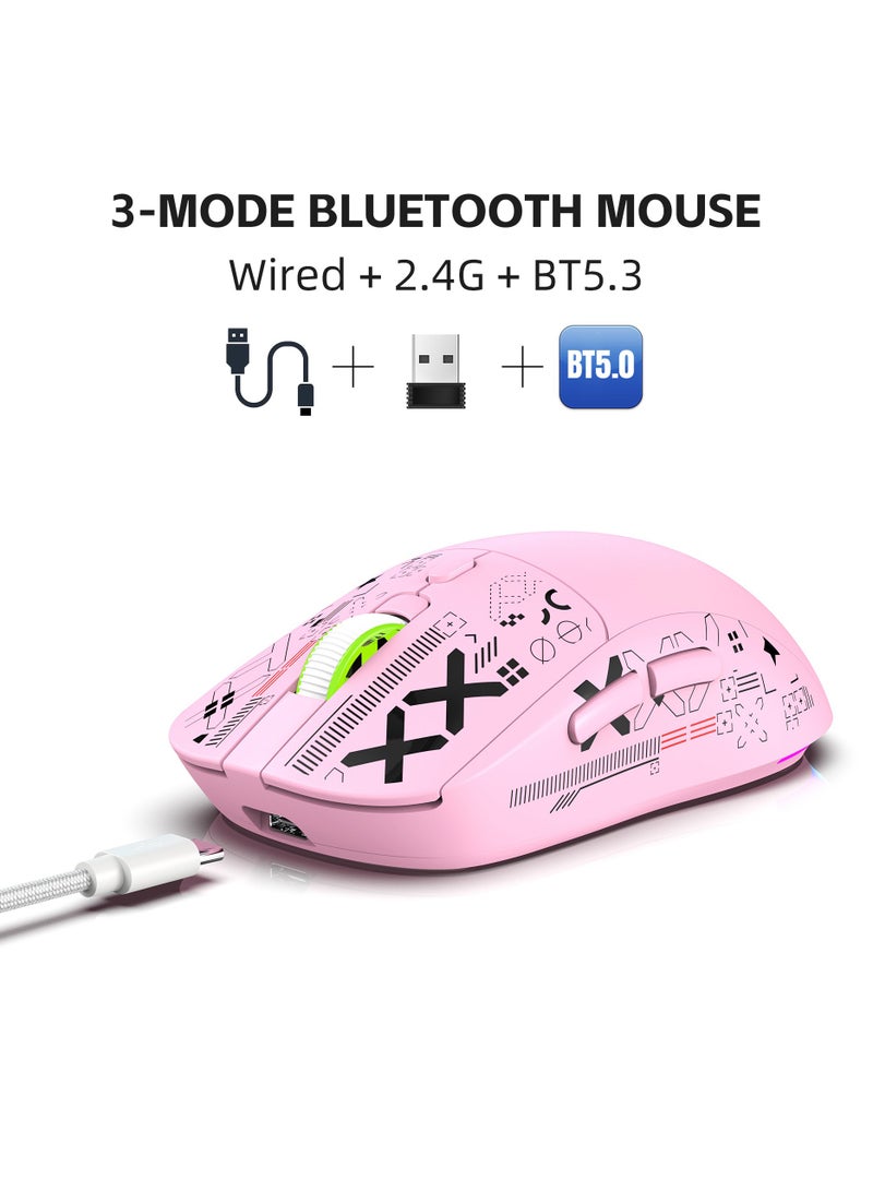 HXSJ T90 Wireless Gaming Mouse – Tri-Mode (Wired, 2.4GHz, BT5.3) – 3600 DPI Adjustable – 650mAh Rechargeable Battery – RGB Lighting (6 Modes) – Ultra-Light – Silent Switches – Type-C Fast Charging – PC, Laptop Compatible  (Pink) - Image 1