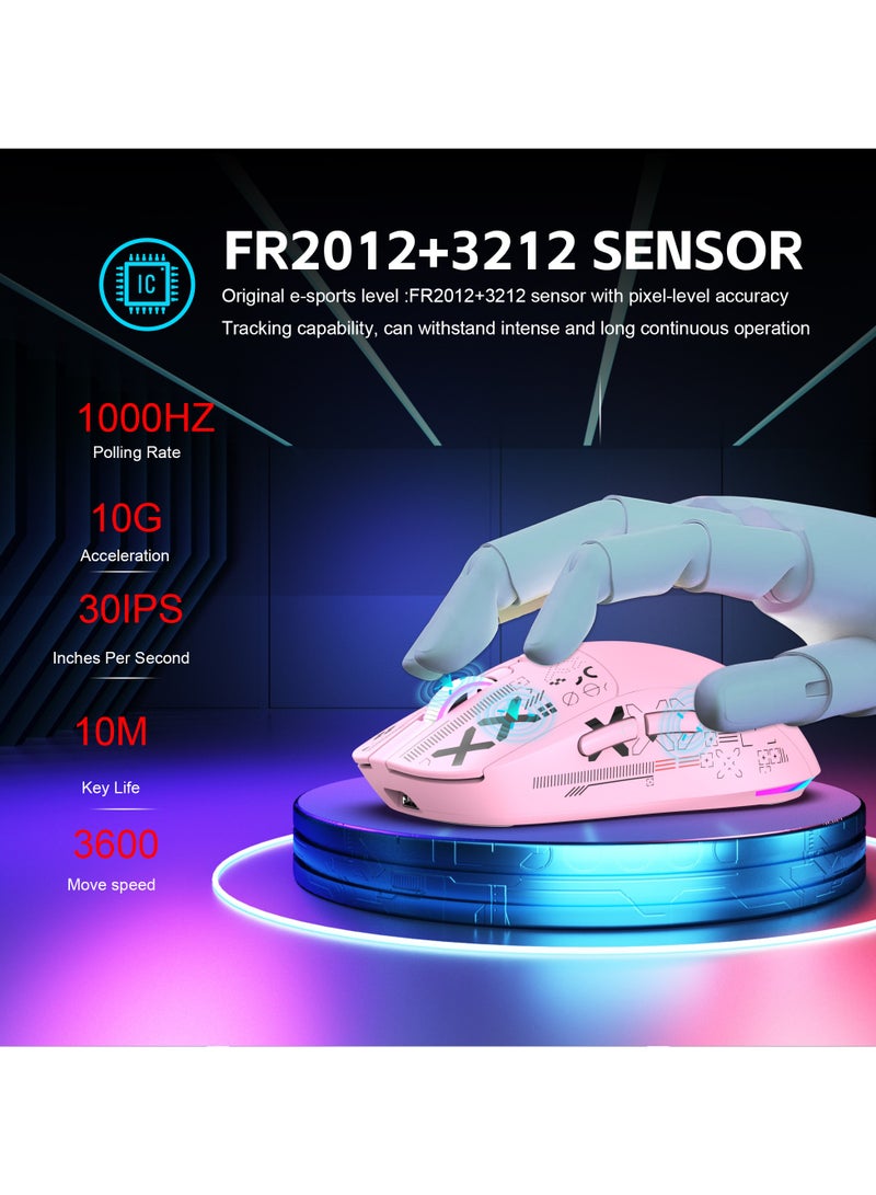 HXSJ T90 Wireless Gaming Mouse – Tri-Mode (Wired, 2.4GHz, BT5.3) – 3600 DPI Adjustable – 650mAh Rechargeable Battery – RGB Lighting (6 Modes) – Ultra-Light – Silent Switches – Type-C Fast Charging – PC, Laptop Compatible  (Pink) - Image 3
