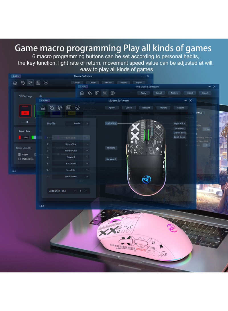 HXSJ T90 Wireless Gaming Mouse – Tri-Mode (Wired, 2.4GHz, BT5.3) – 3600 DPI Adjustable – 650mAh Rechargeable Battery – RGB Lighting (6 Modes) – Ultra-Light – Silent Switches – Type-C Fast Charging – PC, Laptop Compatible  (Pink) - Image 5