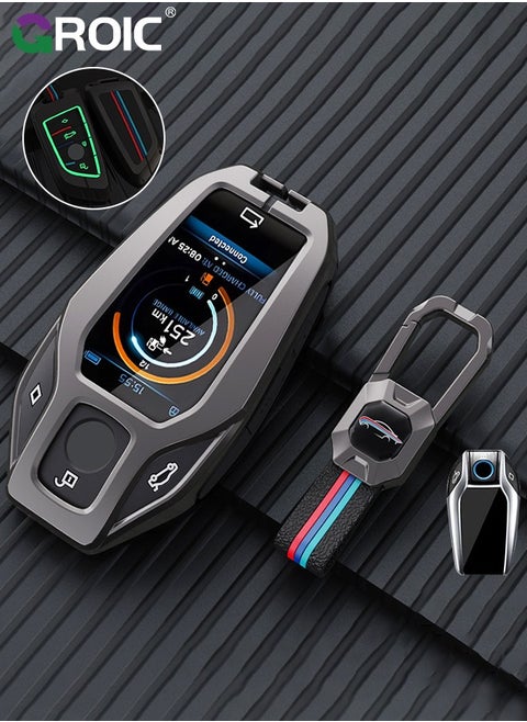 For BMW Key Fob Cover with Keychain, LCD Smart Remote Car Key Shell Case for BMW 5 6 7 Series G01 G11 G12 G30 G31 X3 X4 X5 730li 740li 750li, BMW Accessories Alloy+TPU Double Protector (C)