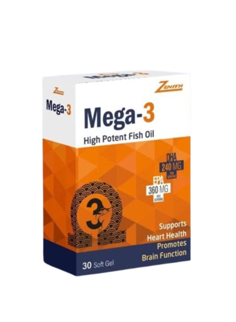 Mega-3 High Potent Fish Oil Soft Gel for Heart and Brain Supports 30's