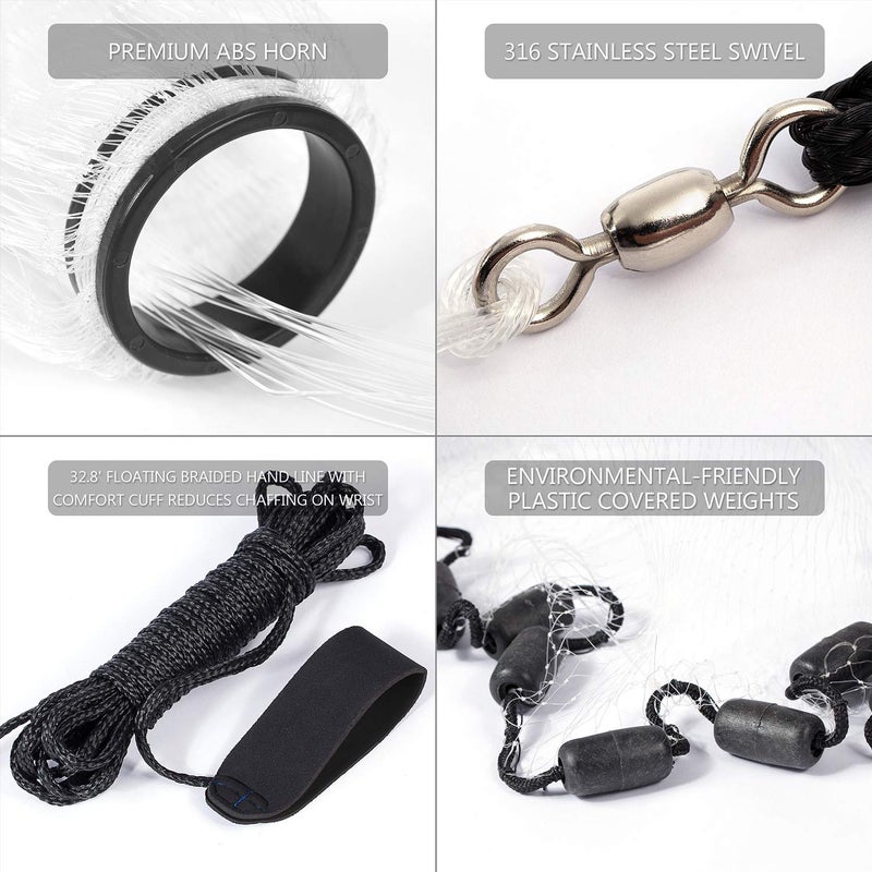 BASSDASH Fishing Cast Net 3/8-Inch Mesh 4ft 6ft 8ft Radius, 1-Pound Per Foot, for Bait Fish with Utility Bucket (3/8” mesh x 4’ high (4.5lb)) - Image 3