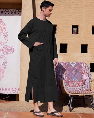 YAOHUOLE Long Sleeve Kaftan for Men Side Split Men's Kaftan Long Gown Thobe Black XL - Image 2