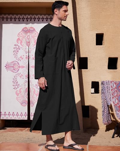 YAOHUOLE Long Sleeve Kaftan for Men Side Split Men's Kaftan Long Gown Thobe Black XL - Image 3