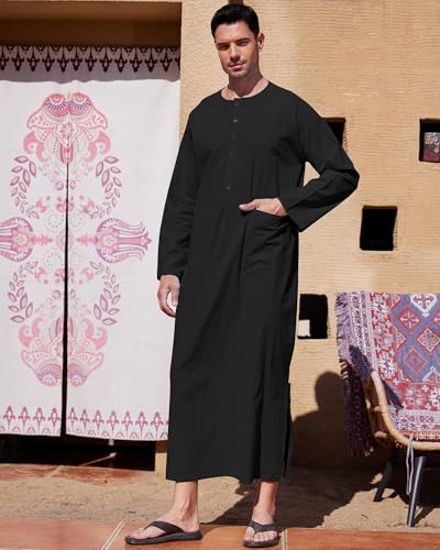 YAOHUOLE Long Sleeve Kaftan for Men Side Split Men's Kaftan Long Gown Thobe Black XL - Image 4