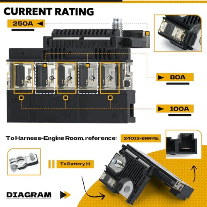 Positive Battery Fuse Terminal: 6-Pole 250A/100A/80A Black ABS & Aluminum-Antimony Alloy - Precise Direct Fit For Nissan And Infiniti Vehicles, Reliable Circuit Protection Fusible Link For Automotive - Image 3