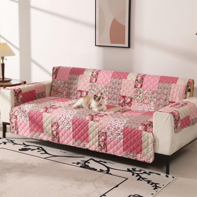Skidproof Sofa CoverPatchwork Sofa Slipcover with Elastic StrapsEasy Fit Slip CoverWashable Furniture Protector for Pets and KidsSofaHot Pink