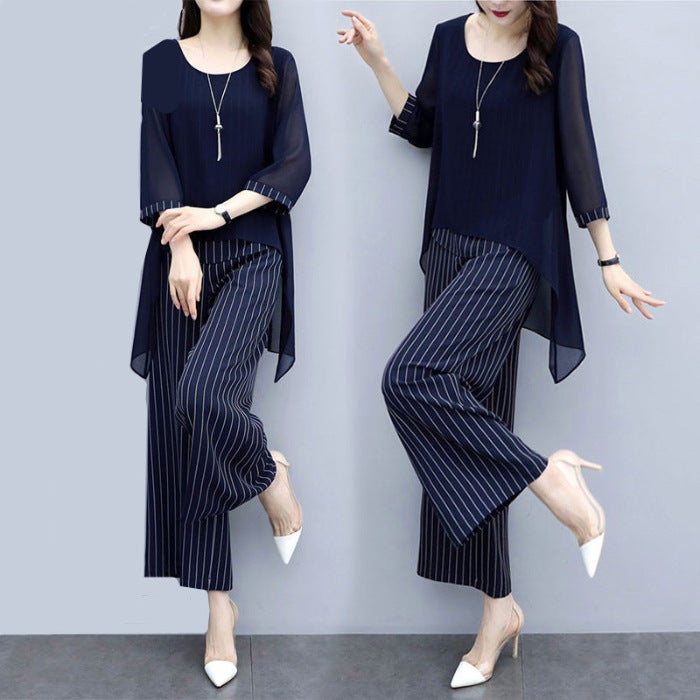 Wide Wife Belly Covering suit Stylisch Two-piece Wide Leg Pants Women''s plus size chubby girl Loose Slim Chiffon Top for Summer - Image 1