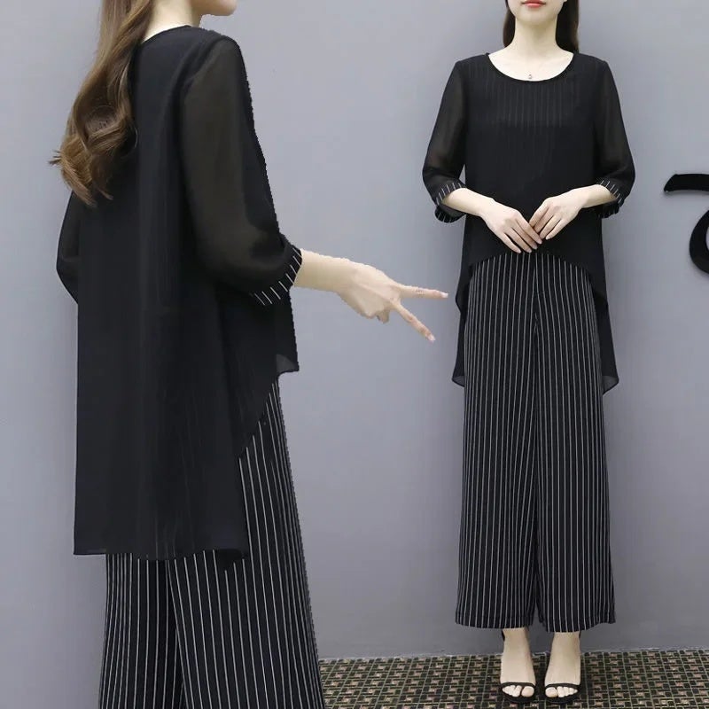 Wide Wife Belly Covering suit Stylisch Two-piece Wide Leg Pants Women''s plus size chubby girl Loose Slim Chiffon Top for Summer - Image 3