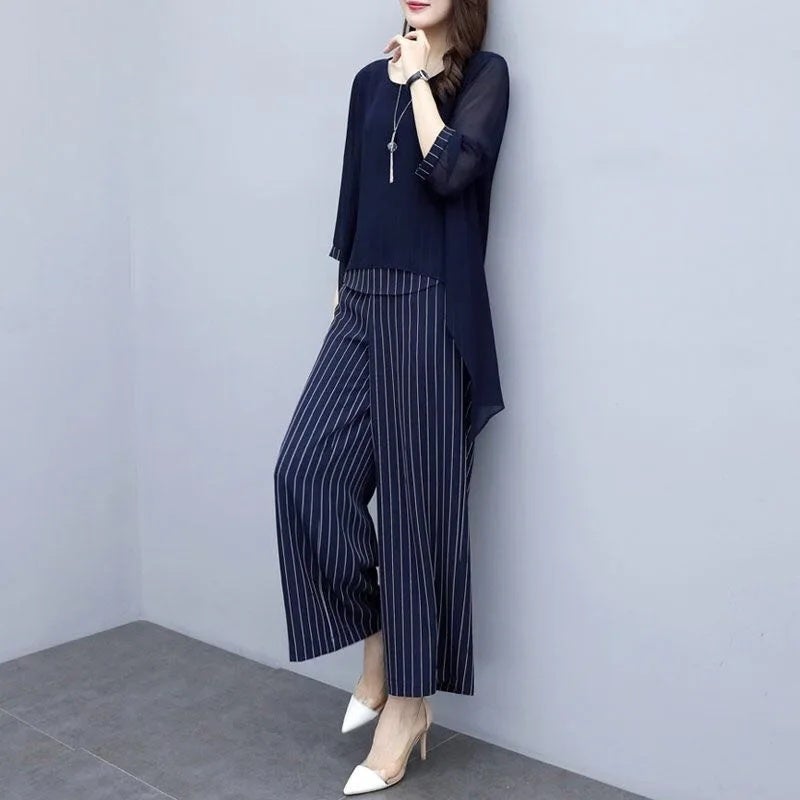 Wide Wife Belly Covering suit Stylisch Two-piece Wide Leg Pants Women''s plus size chubby girl Loose Slim Chiffon Top for Summer - Image 5