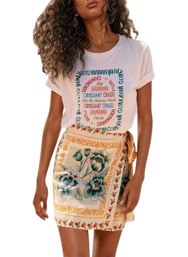 Breoklla Wrap Skirt for Women Boho Mini Skirt Tie Side Slit Floral Beach Cover Up for Summer Vacation Music Festival, Orange, L - Image 1
