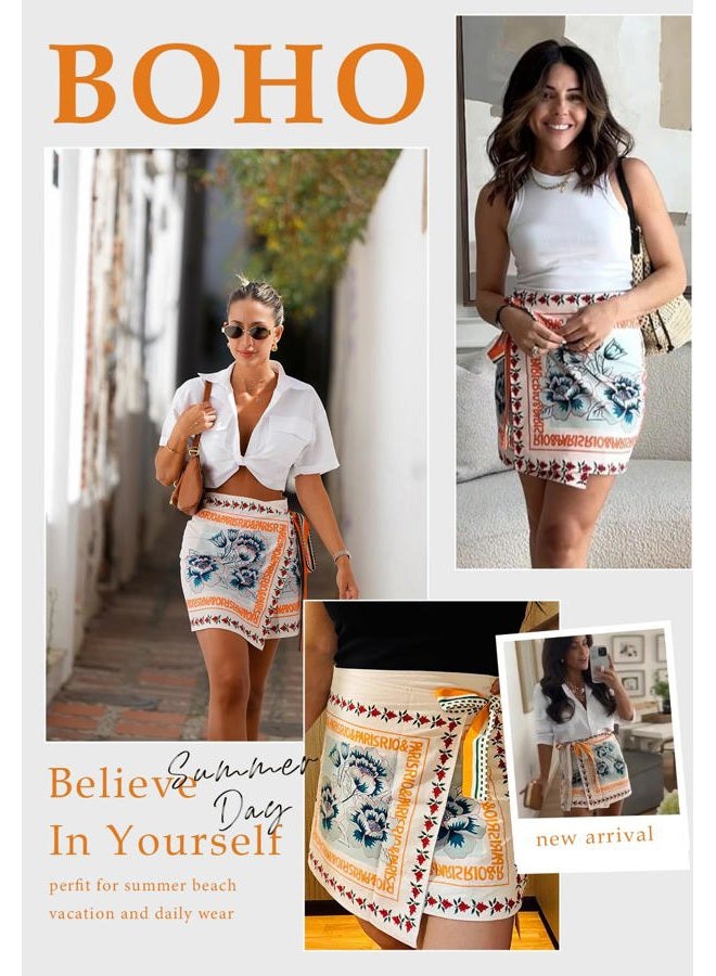 Breoklla Wrap Skirt for Women Boho Mini Skirt Tie Side Slit Floral Beach Cover Up for Summer Vacation Music Festival, Orange, L - Image 3