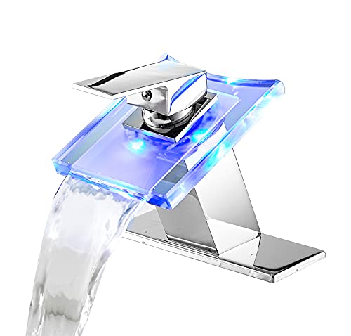 YCCUZA Bathroom Sink Faucet Waterfall Glass Spout LED Light 3 Colors Changing Hot and Cold Water Mixer Single Handle One Hole Deck Mounted Bathroom Faucet Lavatory Vanity Basin Tap Chrome - Image 1