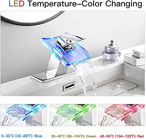 YCCUZA Bathroom Sink Faucet Waterfall Glass Spout LED Light 3 Colors Changing Hot and Cold Water Mixer Single Handle One Hole Deck Mounted Bathroom Faucet Lavatory Vanity Basin Tap Chrome - Image 3