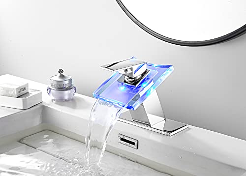 YCCUZA Bathroom Sink Faucet Waterfall Glass Spout LED Light 3 Colors Changing Hot and Cold Water Mixer Single Handle One Hole Deck Mounted Bathroom Faucet Lavatory Vanity Basin Tap Chrome - Image 4