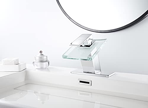 YCCUZA Bathroom Sink Faucet Waterfall Glass Spout LED Light 3 Colors Changing Hot and Cold Water Mixer Single Handle One Hole Deck Mounted Bathroom Faucet Lavatory Vanity Basin Tap Chrome - Image 5