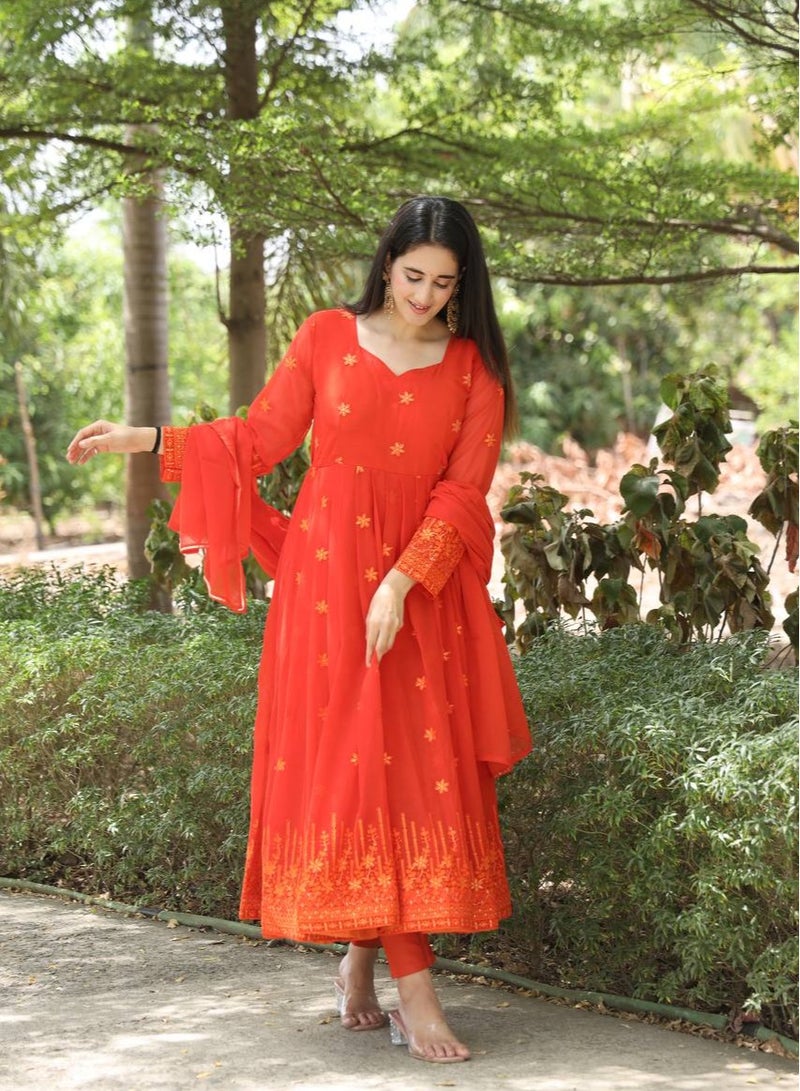 PREMIUM READYMADE DARK ORANGE ANARKALI SUIT SET  - Image 3