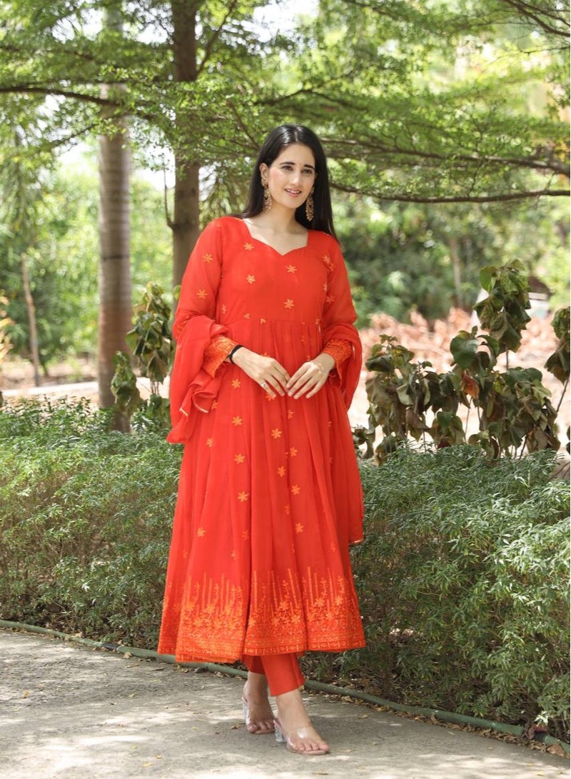 PREMIUM READYMADE DARK ORANGE ANARKALI SUIT SET  - Image 4