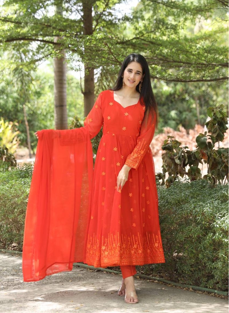 PREMIUM READYMADE DARK ORANGE ANARKALI SUIT SET  - Image 5