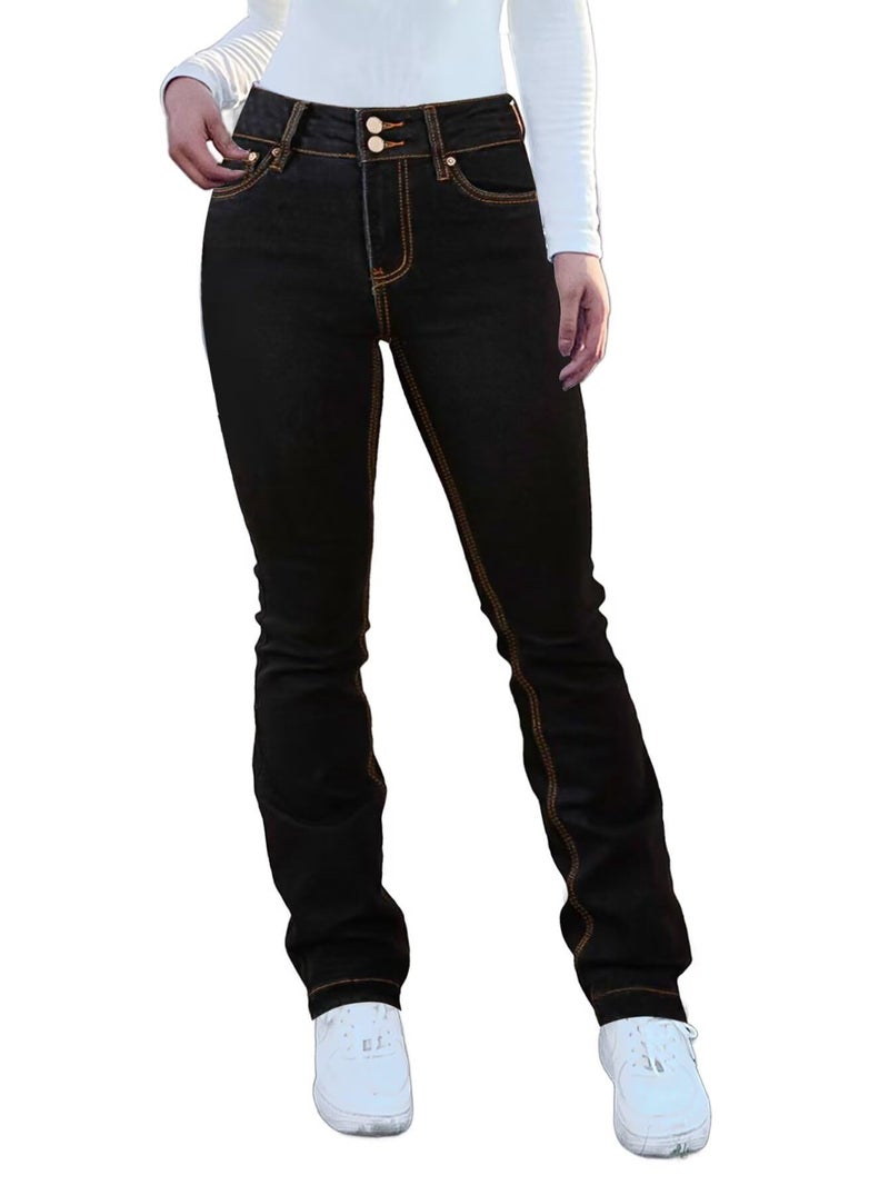 Flamingals Bootcut Jeans for Women Stretchy Mid Rise Double Button Wash Solid 90s Straight Leg Jeans Black L - Image 1
