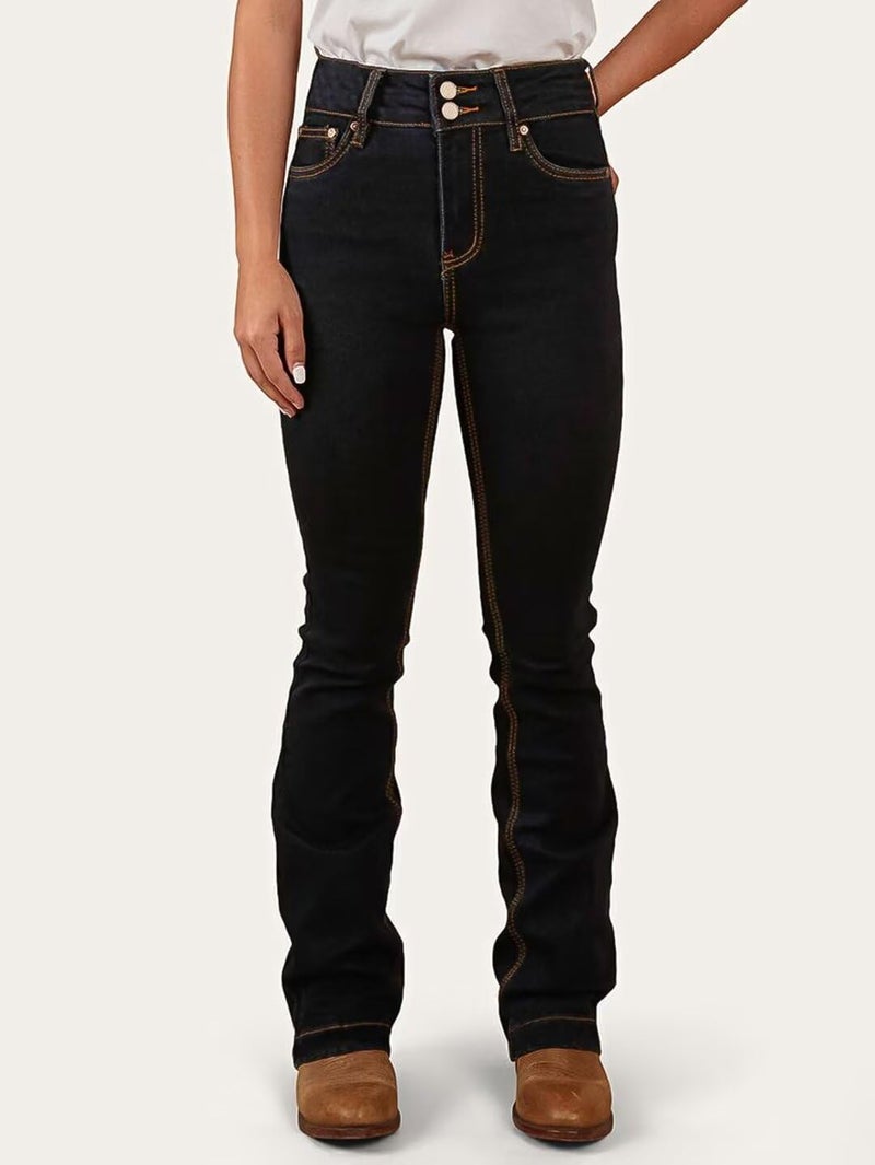 Flamingals Bootcut Jeans for Women Stretchy Mid Rise Double Button Wash Solid 90s Straight Leg Jeans Black L - Image 2