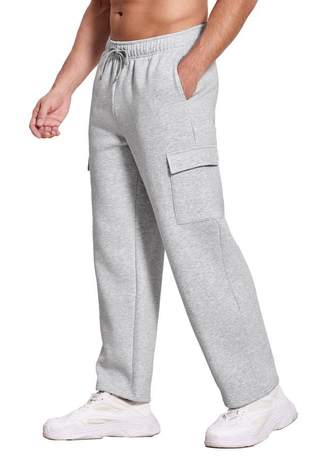 Deyeek Men's Fleece Cargo Sweatpants Straight Leg Sweat Pants for Mens Wide Leg Joggers Sweatpants Loose Lounge Pants with Pockets Grey - Image 1