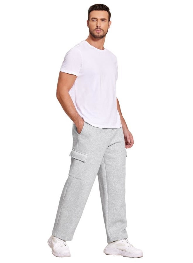 Deyeek Men's Fleece Cargo Sweatpants Straight Leg Sweat Pants for Mens Wide Leg Joggers Sweatpants Loose Lounge Pants with Pockets Grey - Image 5