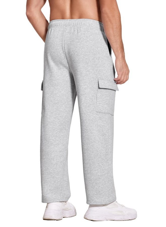 Deyeek Men's Fleece Cargo Sweatpants Straight Leg Sweat Pants for Mens Wide Leg Joggers Sweatpants Loose Lounge Pants with Pockets Grey - Image 2