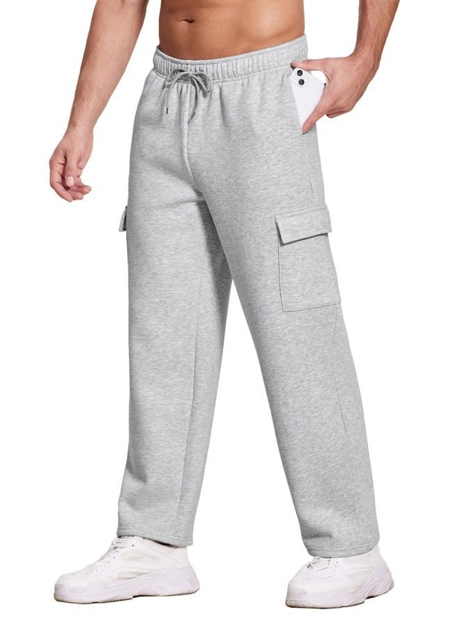 Deyeek Men's Fleece Cargo Sweatpants Straight Leg Sweat Pants for Mens Wide Leg Joggers Sweatpants Loose Lounge Pants with Pockets Grey - Image 3