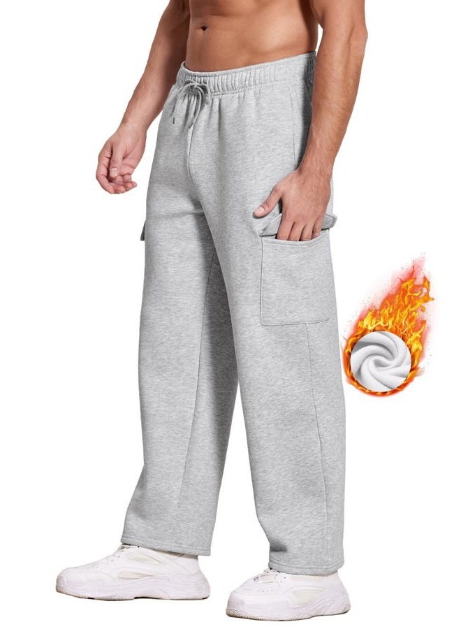 Deyeek Men's Fleece Cargo Sweatpants Straight Leg Sweat Pants for Mens Wide Leg Joggers Sweatpants Loose Lounge Pants with Pockets Grey - Image 4