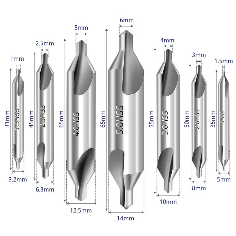 Xinodle Center Drill Bit Set - M2 High Speed Steel Center Drill, 7pcs 60-Degree Angle Centering Drill Bits Countersink Tools for Lathe Metalworking in Size 1.0 1.5 2.0 2.5 3.0 4.0 5.0 - Image 3