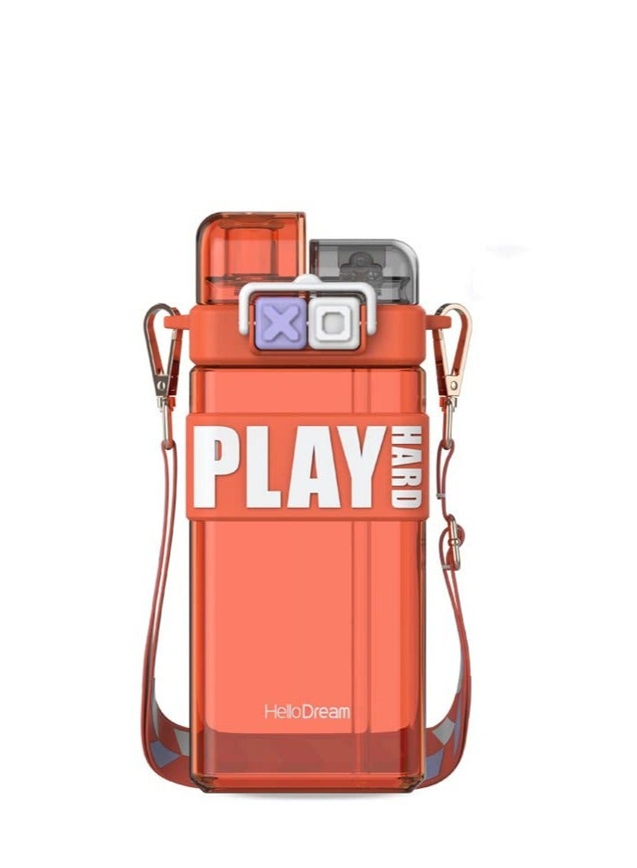 Water Bottles with Straw BPA Free Leak Proof Wide Mouth Auto Flip Cap Secure Lock Carrying Strap Square Bottle School Sports Picnic for Girls & Boys