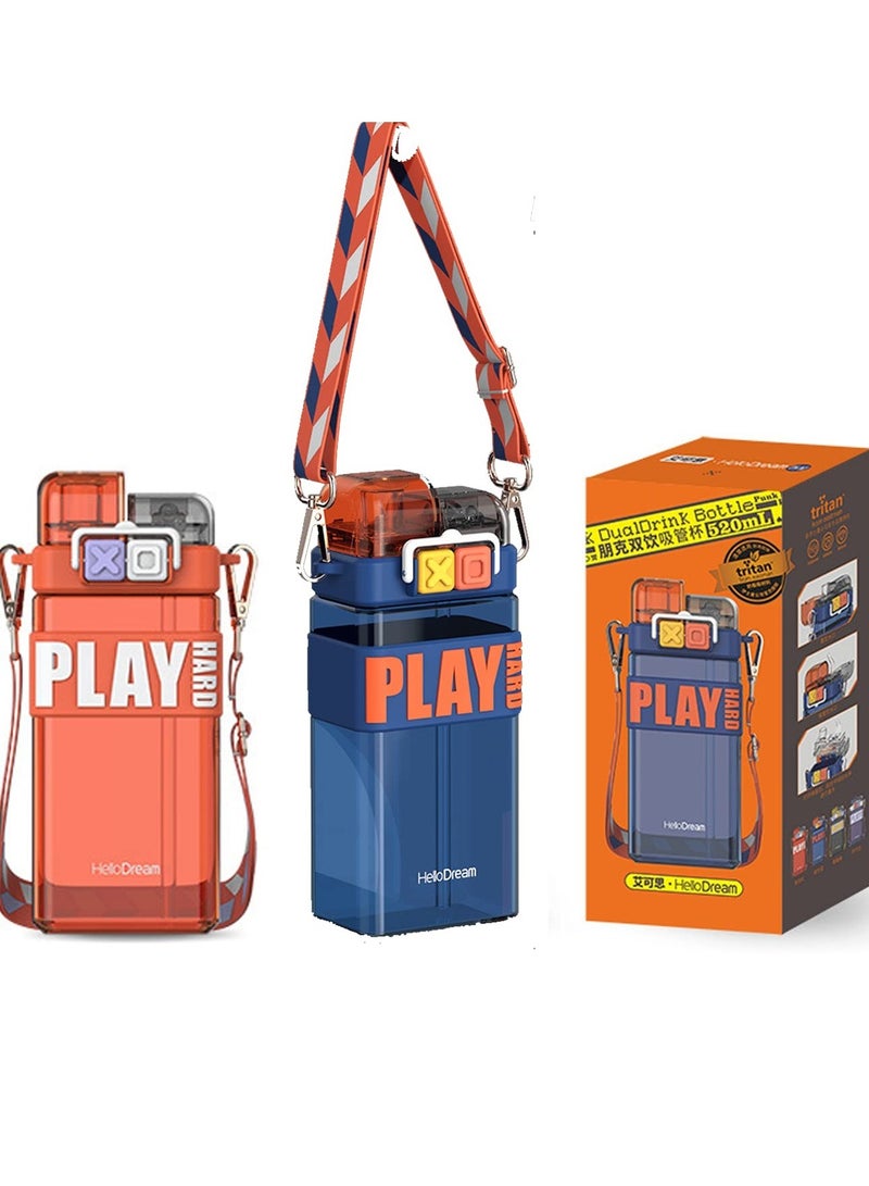 Water Bottles with Straw BPA Free Leak Proof Wide Mouth Auto Flip Cap Secure Lock Carrying Strap Square Bottle School Sports Picnic for Girls & Boys