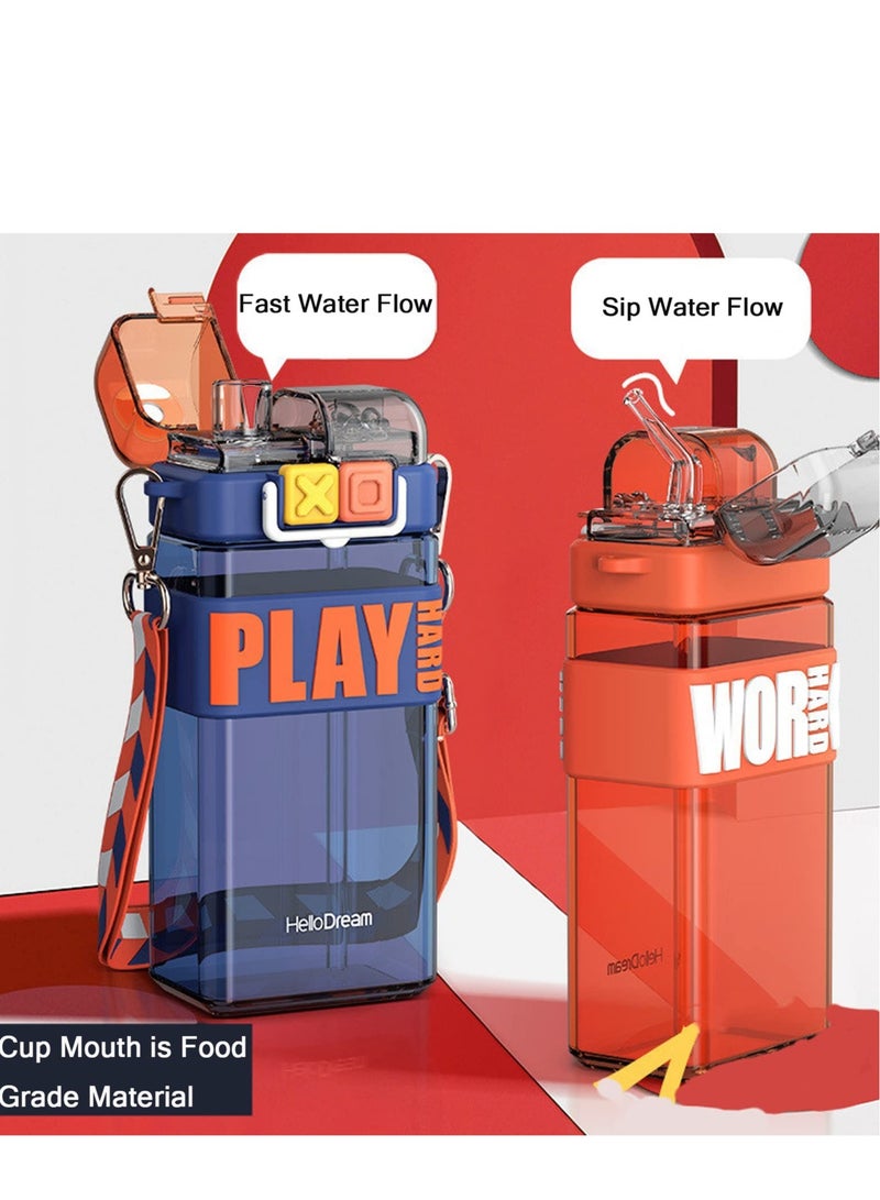 Water Bottles with Straw BPA Free Leak Proof Wide Mouth Auto Flip Cap Secure Lock Carrying Strap Square Bottle School Sports Picnic for Girls & Boys