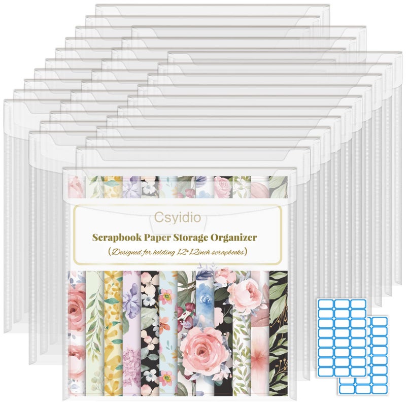 Csyidio 32 Pieces 12x12 Inch Scrapbook Paper Storage Organizer with Label Stickers Paper Storage Organizer with Sealing Design PVC and AcidFree for Holding Scrapbook Vinyl Photos