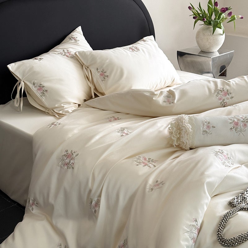 Rose Sweetheart White Bed Sheet Set, 100-Thread Count, Long-Staple Cotton, Pink Princess Embroidery - Image 1