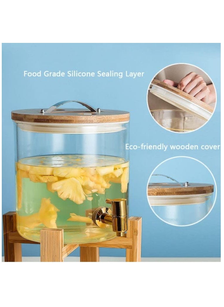 HONEYBEE - Homesmiths Juice Dispenser, 8 L, Made of Glass, Juice Dispenser, Water Dispenser with Stand and Tap Glass Lid, Stainless Steel Tap, Wooden Stand, for Hot or Cold Drinks, Ice Water. - Image 1