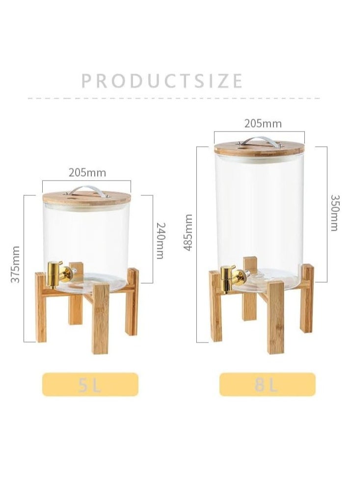 HONEYBEE - Homesmiths Juice Dispenser, 8 L, Made of Glass, Juice Dispenser, Water Dispenser with Stand and Tap Glass Lid, Stainless Steel Tap, Wooden Stand, for Hot or Cold Drinks, Ice Water. - Image 1