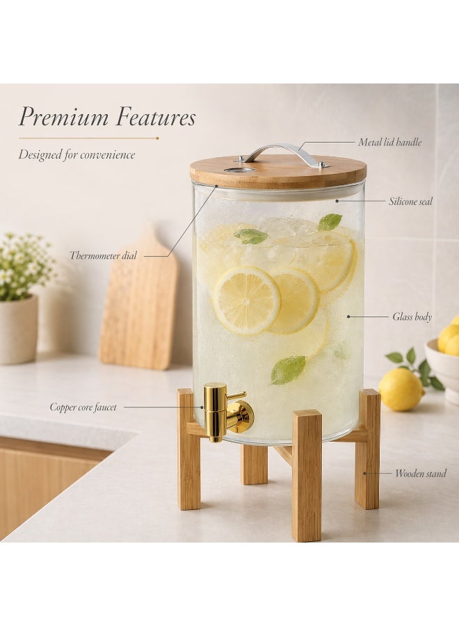 HoneyBee Honey Bee 8L Glass Beverage Dispenser with Bamboo Lid & Wooden Stand, Large Drink Dispenser with Tap for Juice, Iced Tea, Lemonade, Water, Party & Home Use 20x20x35cm - Image 3
