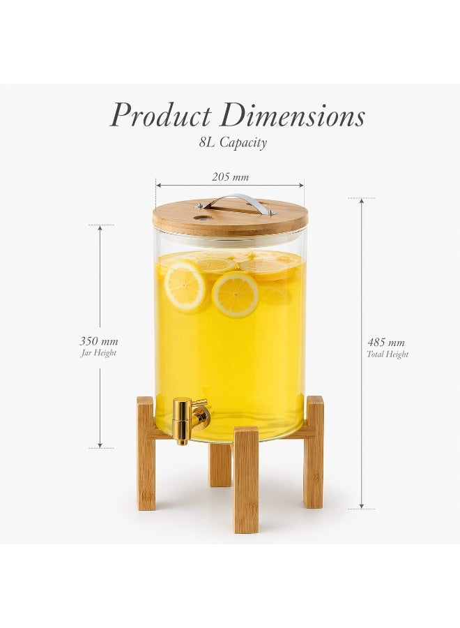 HoneyBee Honey Bee 8L Glass Beverage Dispenser with Bamboo Lid & Wooden Stand, Large Drink Dispenser with Tap for Juice, Iced Tea, Lemonade, Water, Party & Home Use 20x20x35cm - Image 2