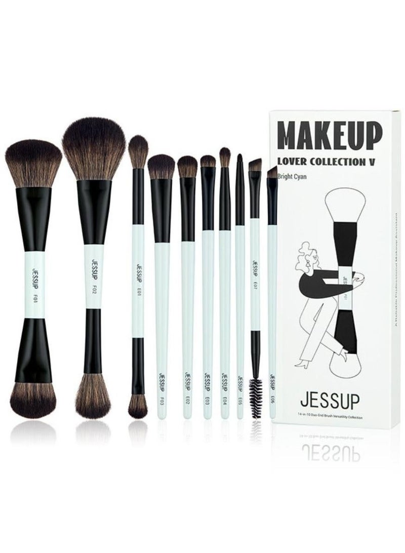 Jessup Makeup Brushes Set 10pcs, Double Sided Foundation Contour Blush Highlight Blending Eyebrow Brush Eyeshadow Eyeliner Concealer Brush, Bright Cyan Cruelty Free Cosmetic Tools T500 - Image 1