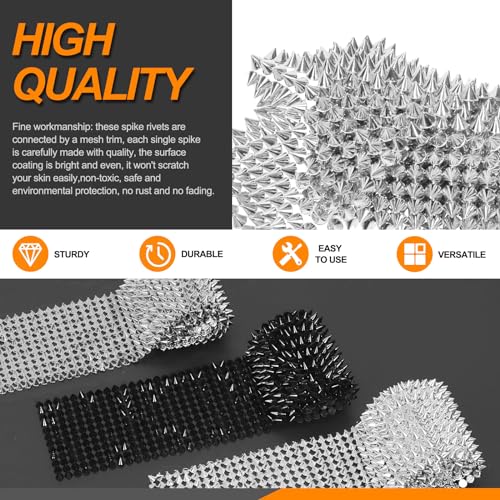 Rustark 3Pcs 3 Yards Sew Stitch On Spike Stud Set, Gold Silver Black Spikes Mesh Rivets Flat Back Spike Studs Pointed Spike Studs Trim Bead Spikes for Punk Rock Clothing DIY Craft Decor - Image 3
