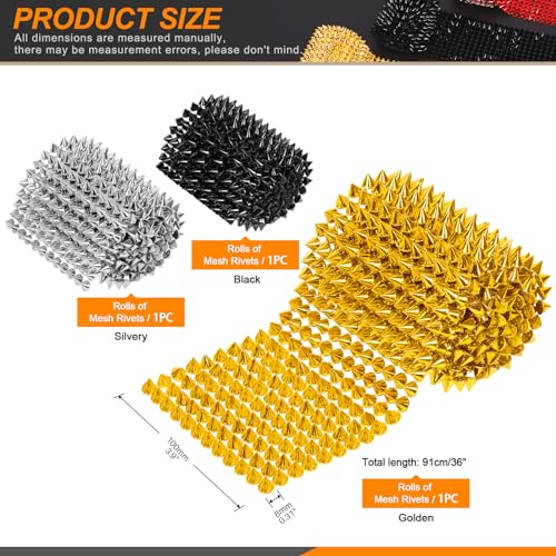 Rustark 3Pcs 3 Yards Sew Stitch On Spike Stud Set, Gold Silver Black Spikes Mesh Rivets Flat Back Spike Studs Pointed Spike Studs Trim Bead Spikes for Punk Rock Clothing DIY Craft Decor - Image 2