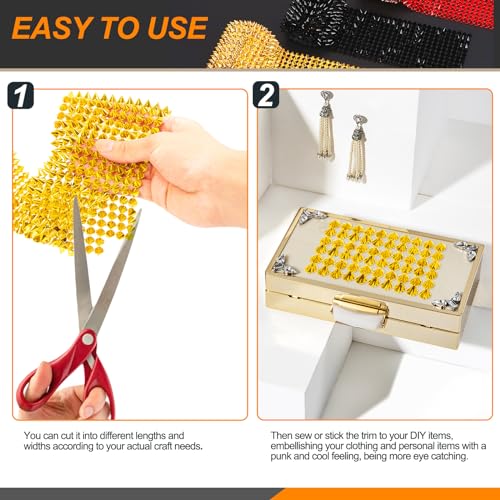 Rustark 3Pcs 3 Yards Sew Stitch On Spike Stud Set, Gold Silver Black Spikes Mesh Rivets Flat Back Spike Studs Pointed Spike Studs Trim Bead Spikes for Punk Rock Clothing DIY Craft Decor - Image 5